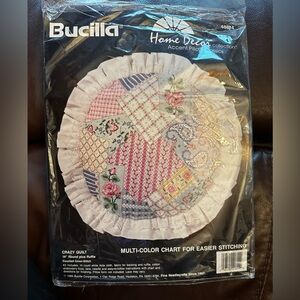 1993 Bucilla Counted Cross‎ Stitch Round Pillow Kit Crazy Quilt #40814